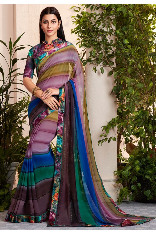 Digital Printed Georgette Saree in Multicolor