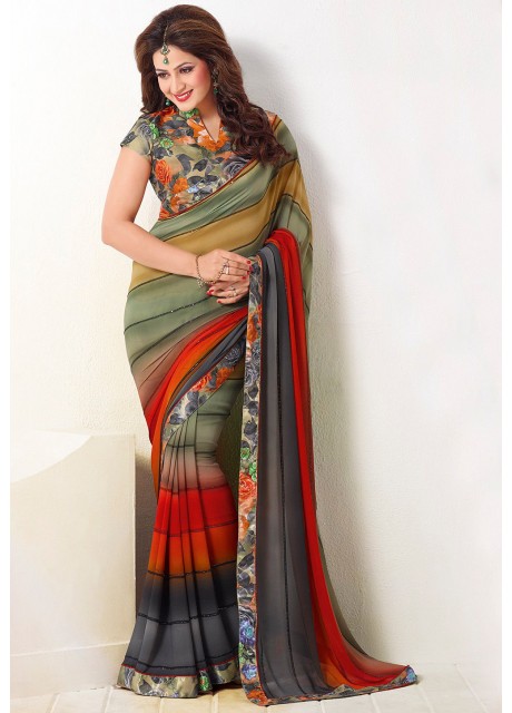 Digital Printed Georgette Saree in Multicolor