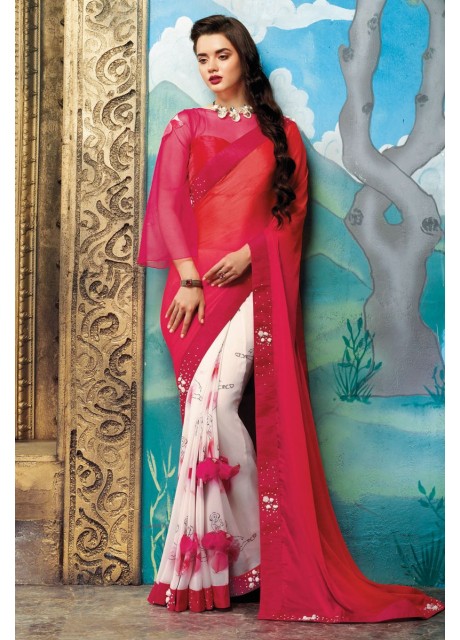 HALF AND HALF RASPBERRY COLOR DESIGNER SAREE WITH GEORGETTE PALLU
