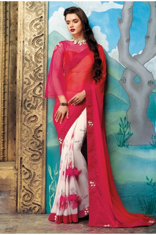 HALF AND HALF RASPBERRY COLOR DESIGNER SAREE WITH GEORGETTE PALLU