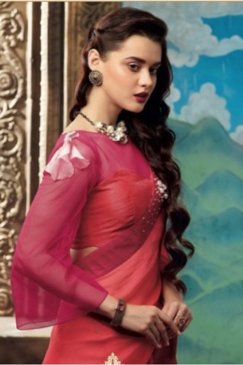 HALF AND HALF RASPBERRY COLOR DESIGNER SAREE WITH GEORGETTE PALLU