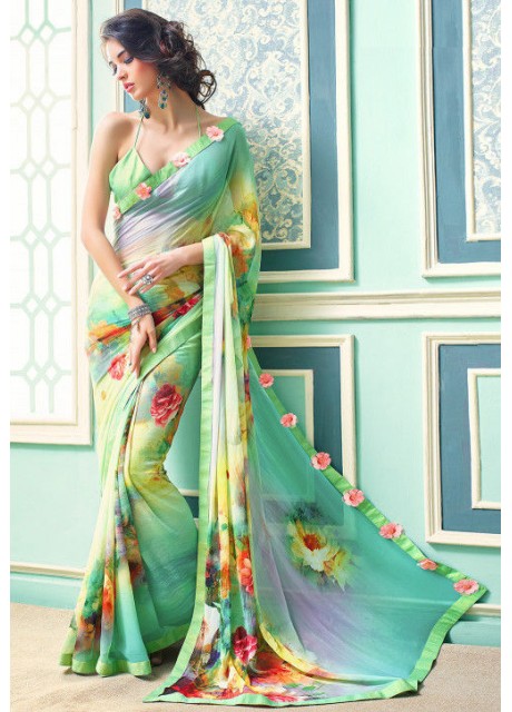 Digital Printed Georgette Saree in Multicolor