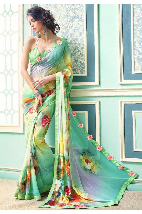 Digital Printed Georgette Saree in Multicolor